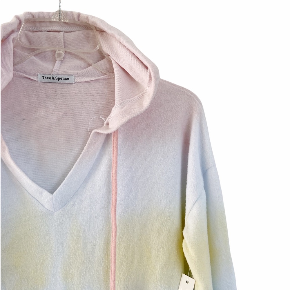 THEO AND SPENCE Tie-Dye V-Neck Drawstring Hoodie Rainbow Size Small NWT - Picture 4 of 6